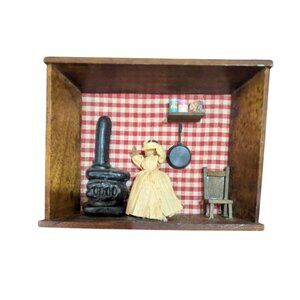 Vintage Wood Shadow Box Kitchen Scene Miniature Rustic Decor Handmade  Diorama‎